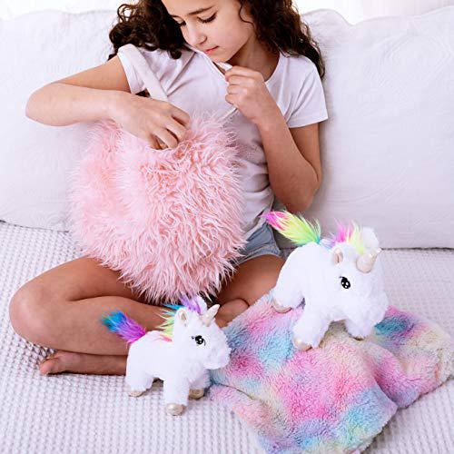 Perfectto Design unicorn gift for girls 4 pcs set. baby and mommy unicorn toy, xl furry bag and baby doll blanket. adorable plush toy for 3 4 