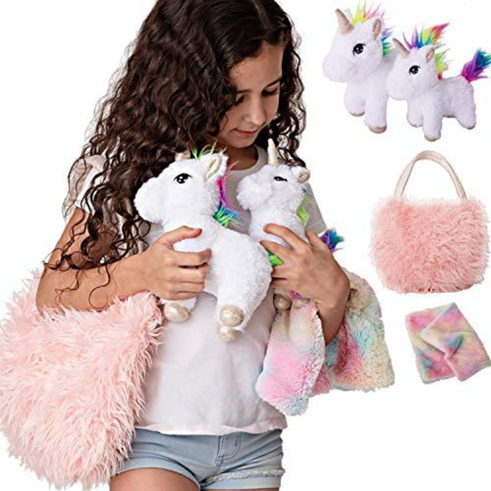Perfectto Design unicorn gift for girls 4 pcs set. baby and mommy unicorn toy, xl furry bag and baby doll blanket. adorable plush toy for 3 4 
