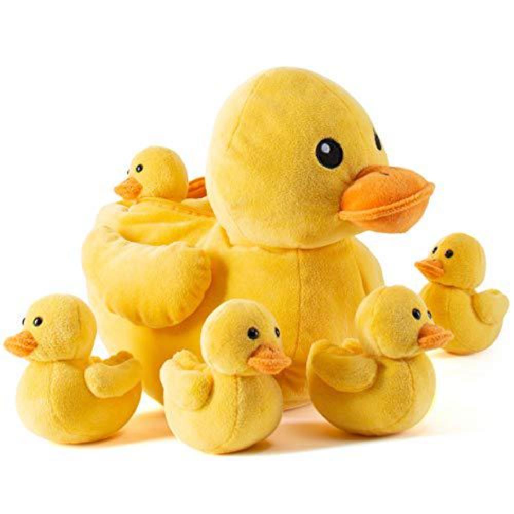 prextex carry along plush ducky with 5 little plush ducklings - 6 piece soft stuffed animals playset