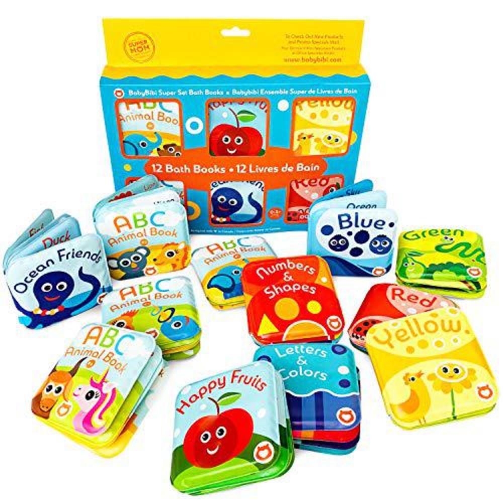 babybibi super bath book set of 12 (fruits, ocean friends, abc, numbers books; color recognition bath books including yellow, green, r