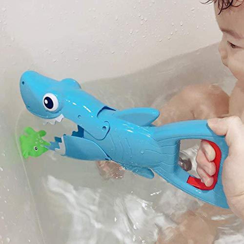invench shark grabber baby bath toys - 2021 upgraded blue shark with teeth biting action include 4 toy fish bath toys for boy