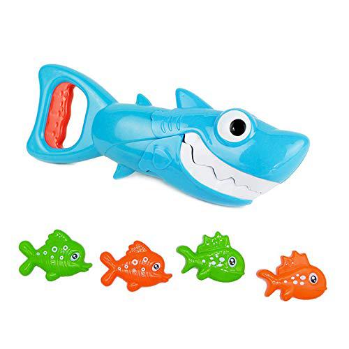 INvench Shark Grabber Baby Bath Toys - Blue Shark with Teeth Biting Action Include 4 Toy Fish - Bath Toys for Kids Ages 4-8 Boys