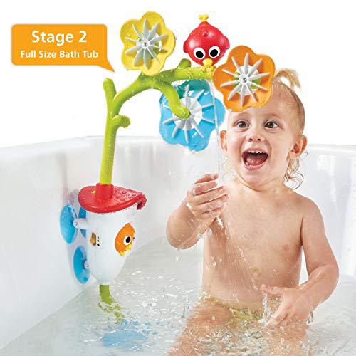 yookidoo baby bath mobile - spinning flowers and swiveling fountain for newborn and toddler bath time sensory development (tu