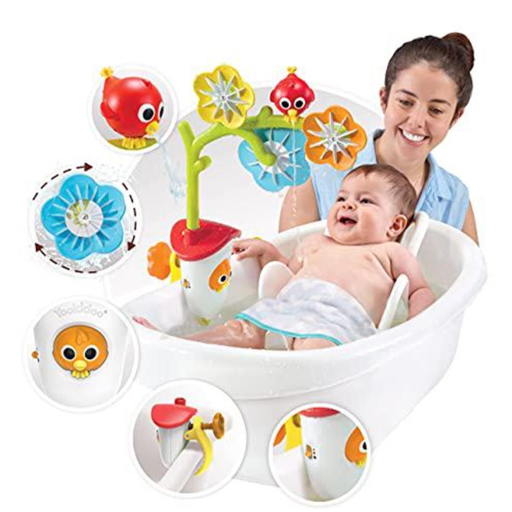 yookidoo baby bath mobile - spinning flowers and swiveling fountain for newborn and toddler bath time sensory development (tu