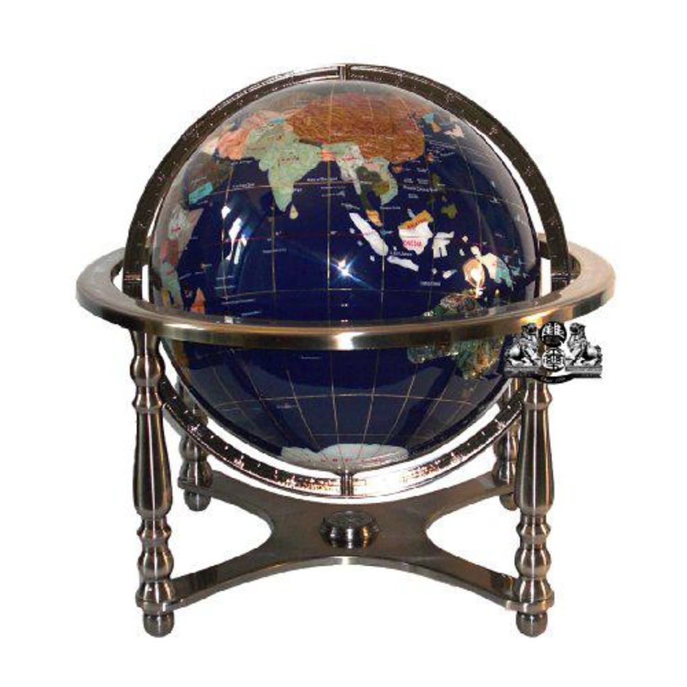 Unique Art Since 1996 unique art 21-inch tall blue lapis ocean table top gemstone world globe with 4 leg silver stand
