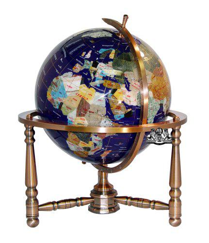 Unique Art Since 1996 unique art 19-inch tall blue lapis ocean table top gemstone world globe with copper stand w usa divided state stones and divi
