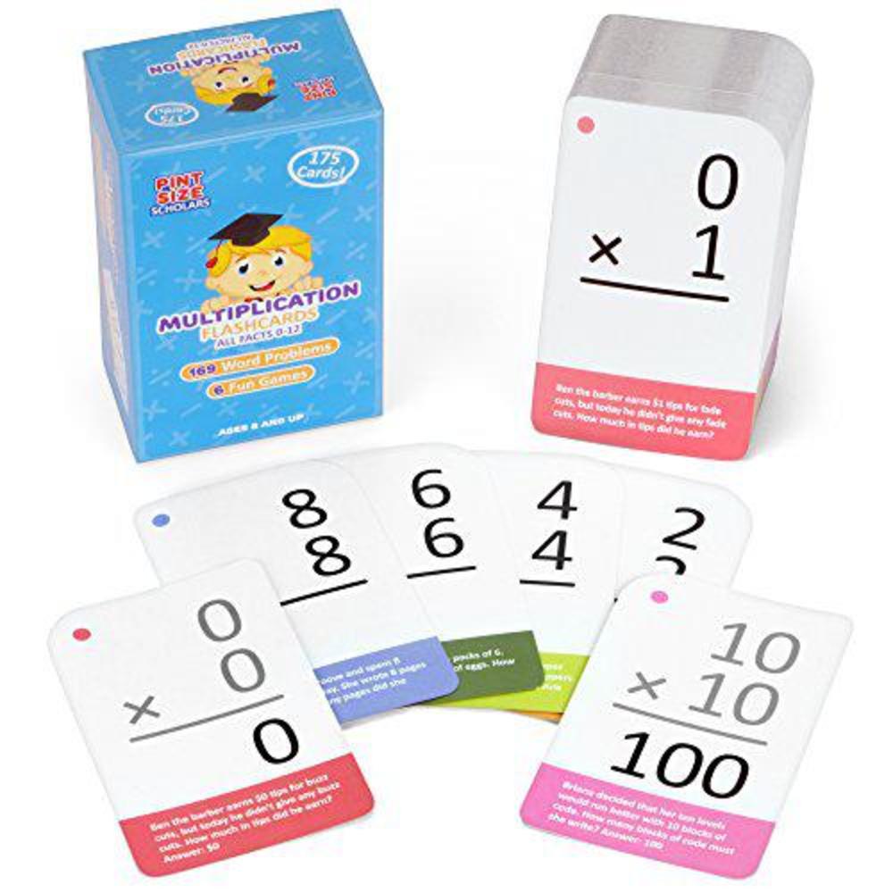 Pint-Size Scholars multiplication math flash cards with word problems - includes 175 self-checking cards, all facts 0-12 for early grade teachin