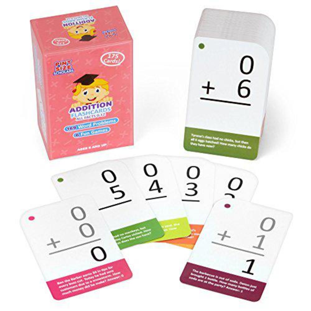 Pint-Size Scholars addition math flash cards with word problems - 175 self-checking cards, all facts 0-12 for early grade teaching by pint-size 