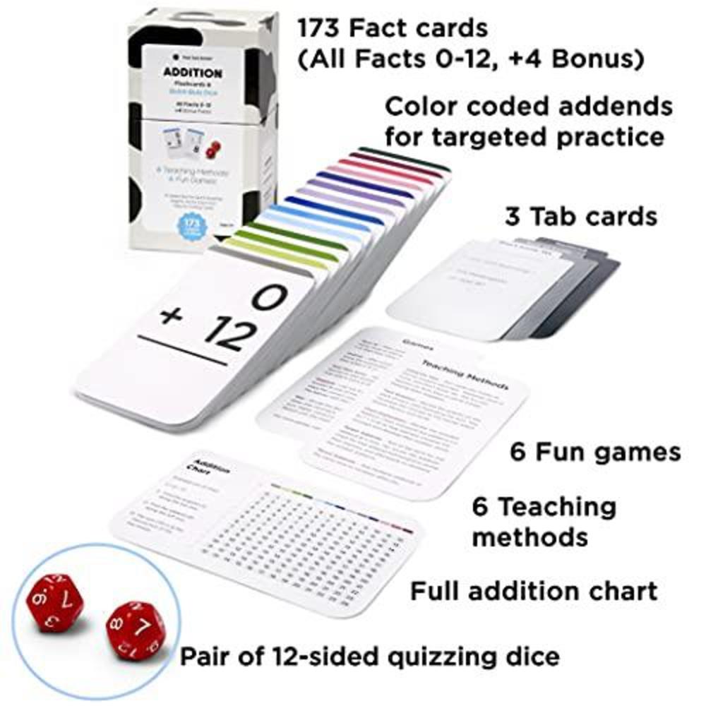 think tank scholar 173 addition flash cards with quick quiz dice | full set (all facts 0-12) | best for kids in kindergarten,