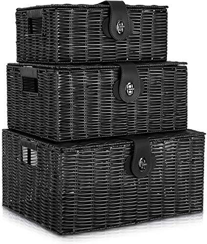 homepeaz set of 3 woven storage basket box wicker hamper stackable bin with lid & lock, built-in carry handles, organizer for