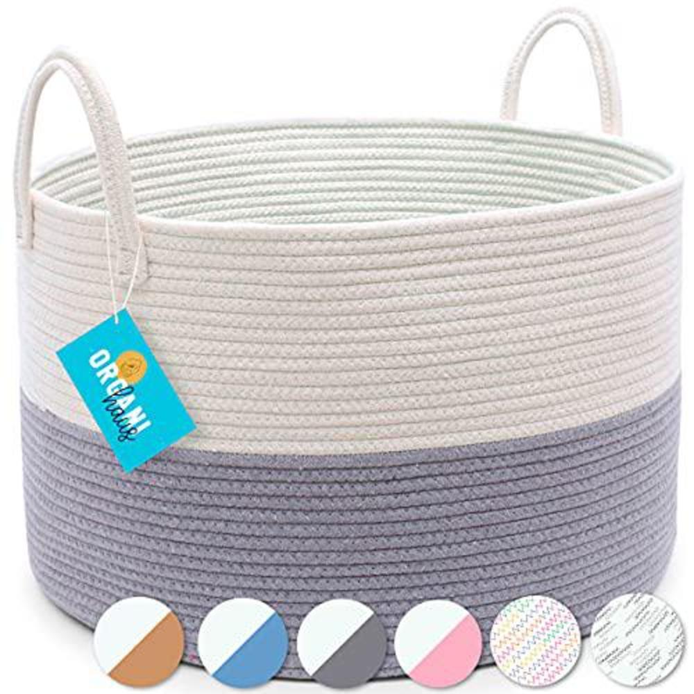 organihaus grey cotton rope nursery storage basket for baby room | woven baskets for storage laundry, pillows and blankets | 