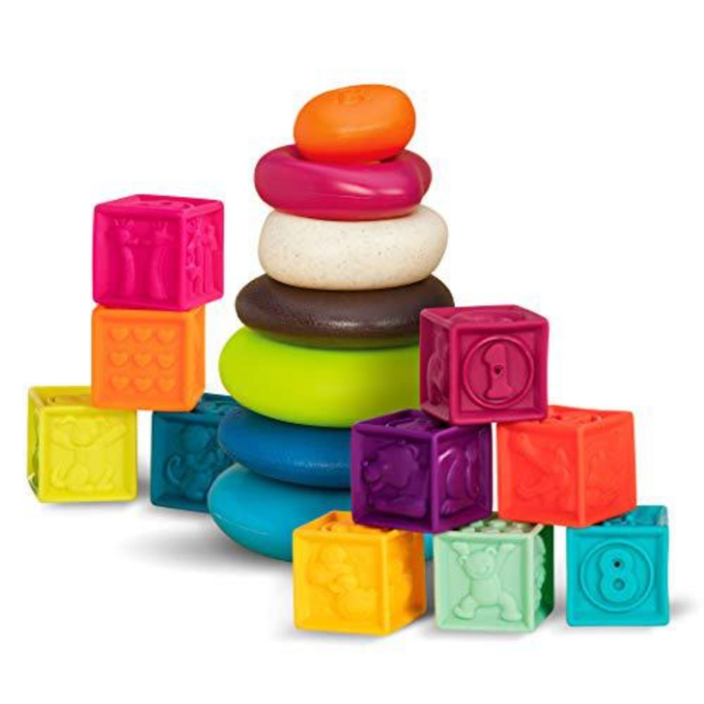 B.toys b. toys - baby blocks & stacking rings - 10 numbered blocks & 5 colorful rings - building play set for infants - one two sque