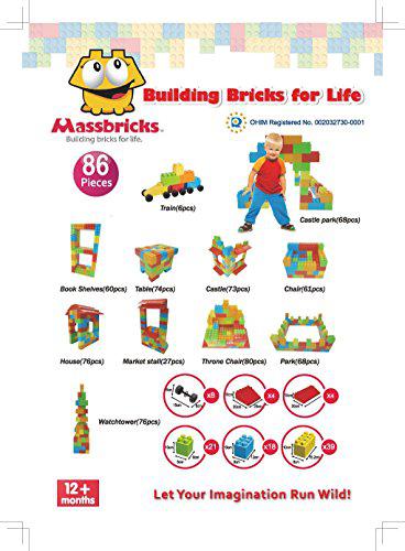 massbricks jumbo plastic building blocks - 86 pieces giant toddler bricks kids, boys, girls age 1 - 8 play large educational,
