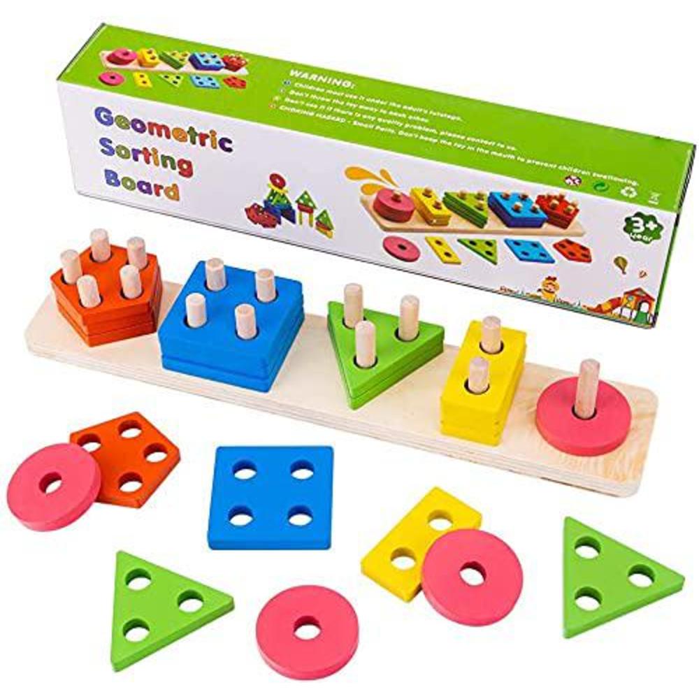 Motrent wooden sorting stacking toy, shape sorter toys for toddlers, montessori geometric shape color recognition stack sort board, e