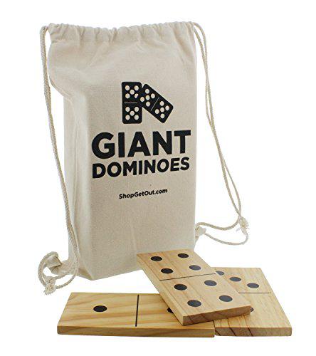get out! giant wooden dominoes 28-piece set with bag - jumbo natural wood & black numbers - kids adults outdoor games