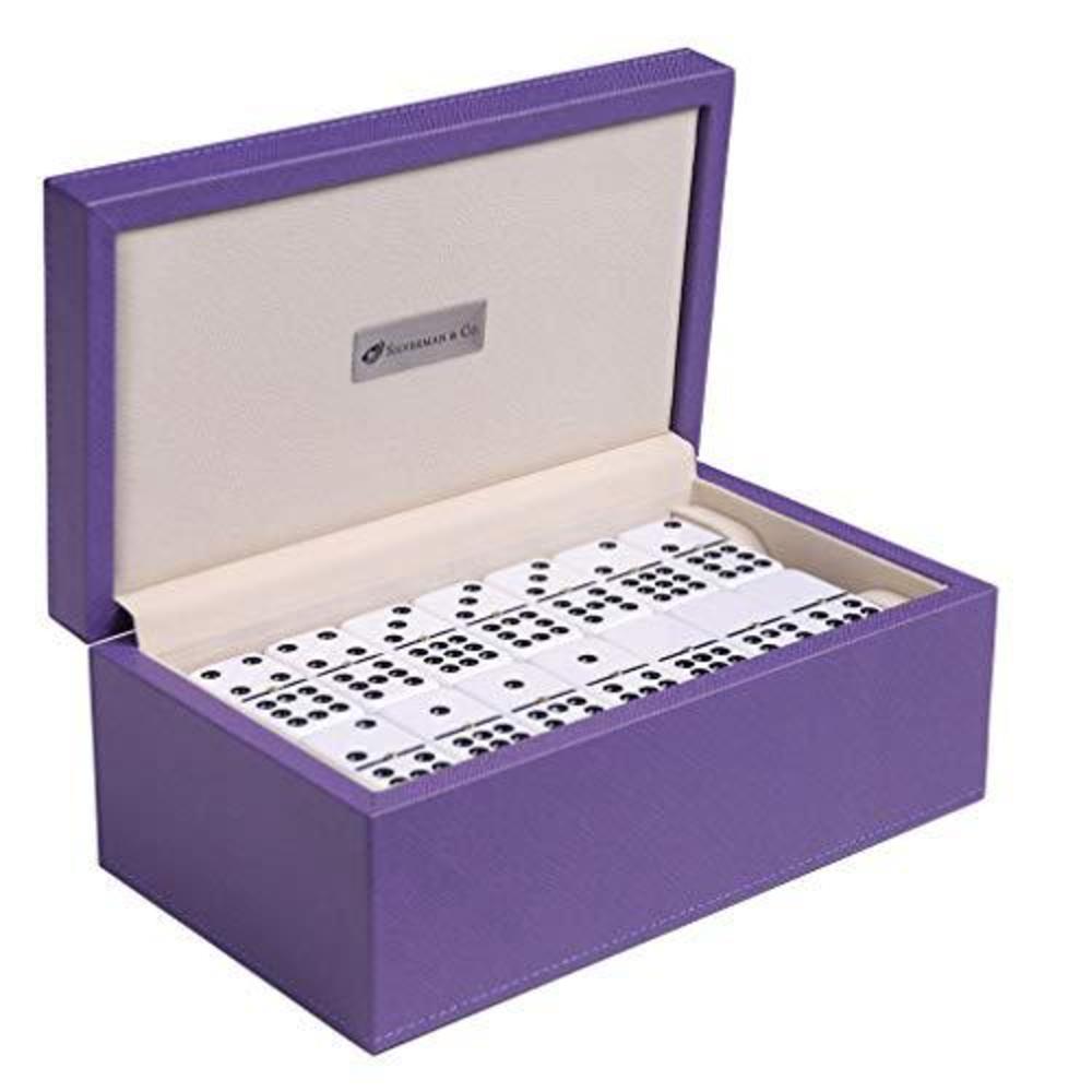 silverman & co. double 9 large white domino set - purple case
