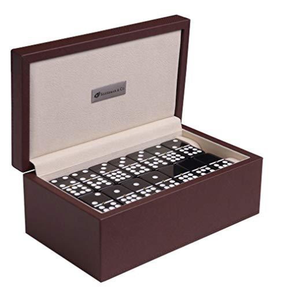 silverman & co. double 9 large black domino set - brown case