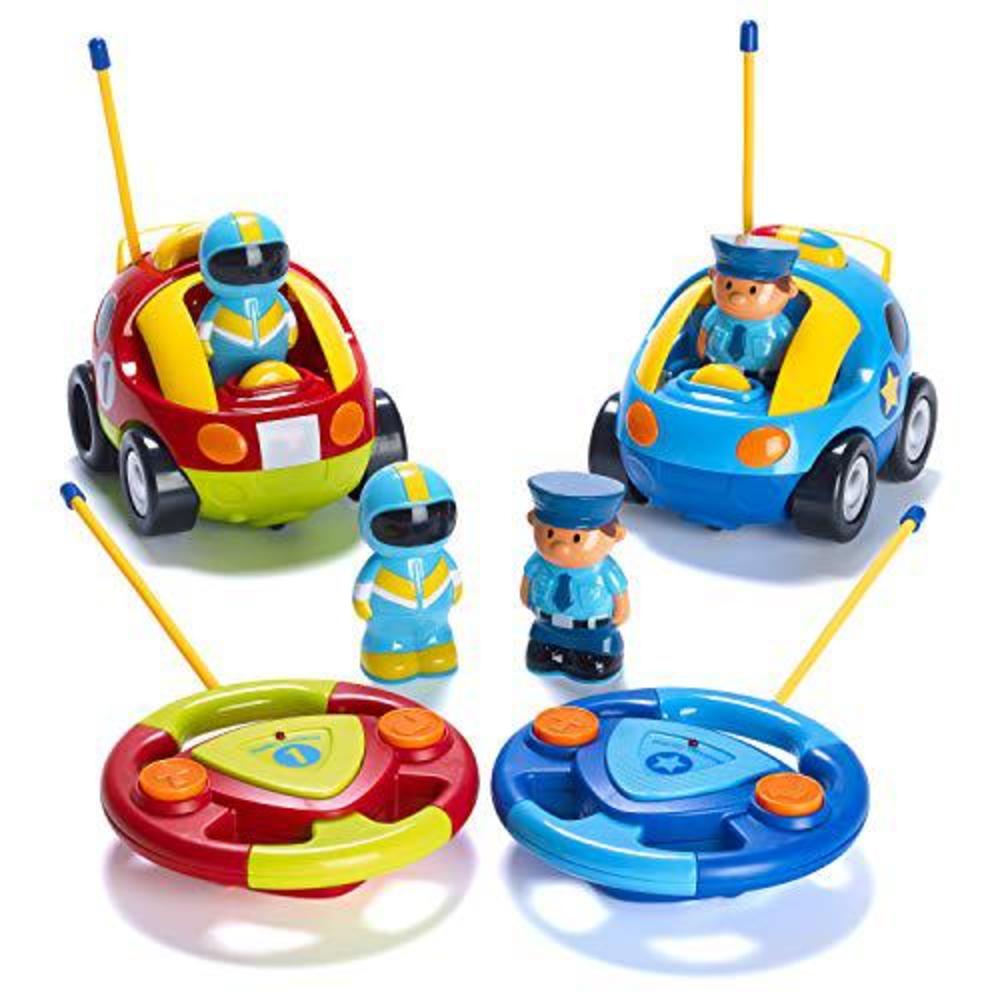 prextex pack of 2 cartoon r/c police car and race car radio control toys for kids- each with different frequencies so both ca