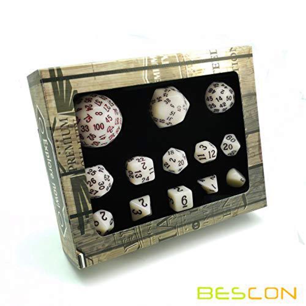 BESCON Dice bescon super glowing in dark complete polyhedral rpg dice set 13pcs d3-d100, luminous 100 sides dice set