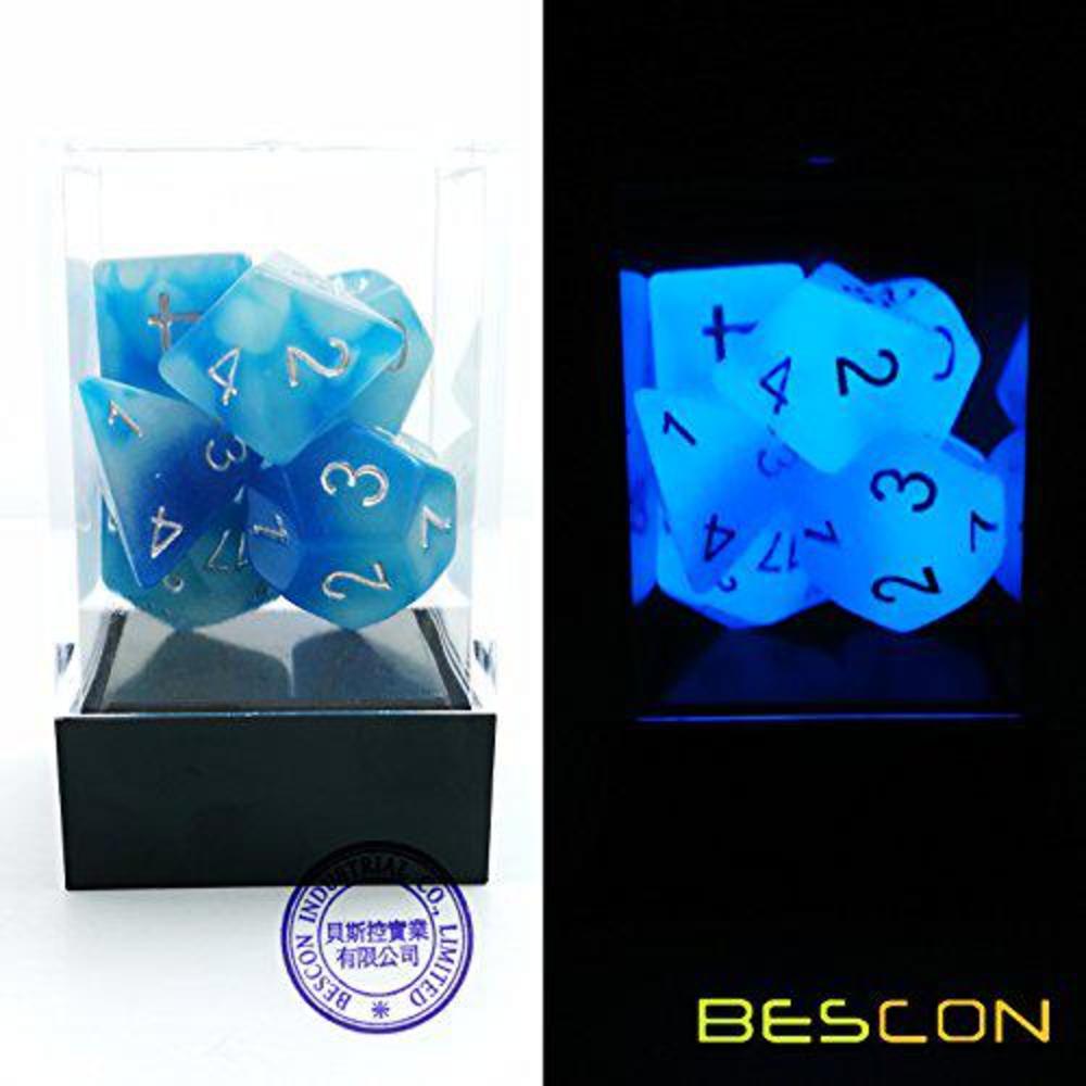 BESCON Dice bescon gemini glowing polyhedral dice 7pcs set icy rocks, luminous rpg dice set d4 d6 d8 d10 d12 d20 d%, brick box packaging