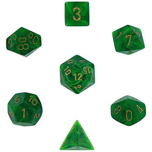 chessex dice: polyhedral 7-die vortex dice set - green w/gold