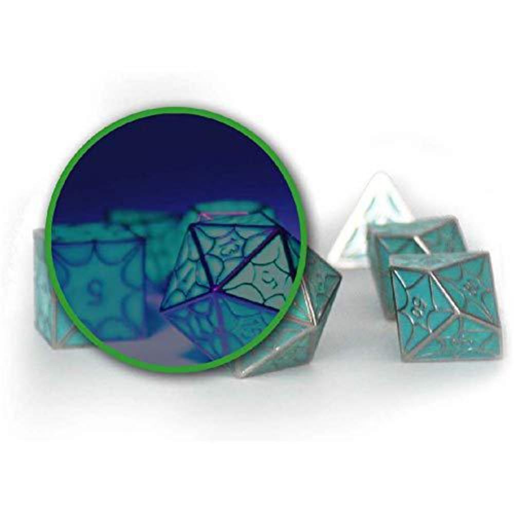 Dice Dungeons metal dragon scale glow-in-the-dark dice set with display box || tabletop rpg for board game || 7 dice set || dungeons and dr