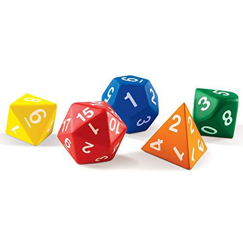 learning resources jumbo foam polyhedral dice, 5 dice, 4, 8, 10, 20 sides, ages 5+