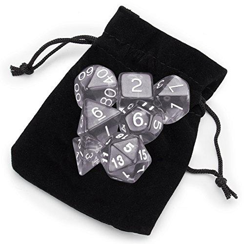 wiz dice 7 die polyhedral dice set - drowskin (translucent gray) with velvet pouch