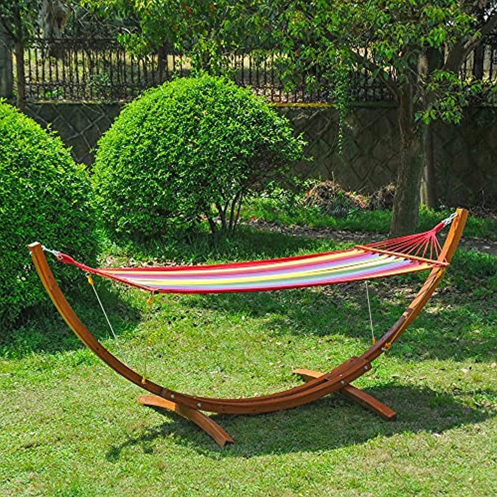 outsunny 10' hammock with wood stand, rainbow bed, heavy duty roman arc hammock for single person for patio backyard balcony 