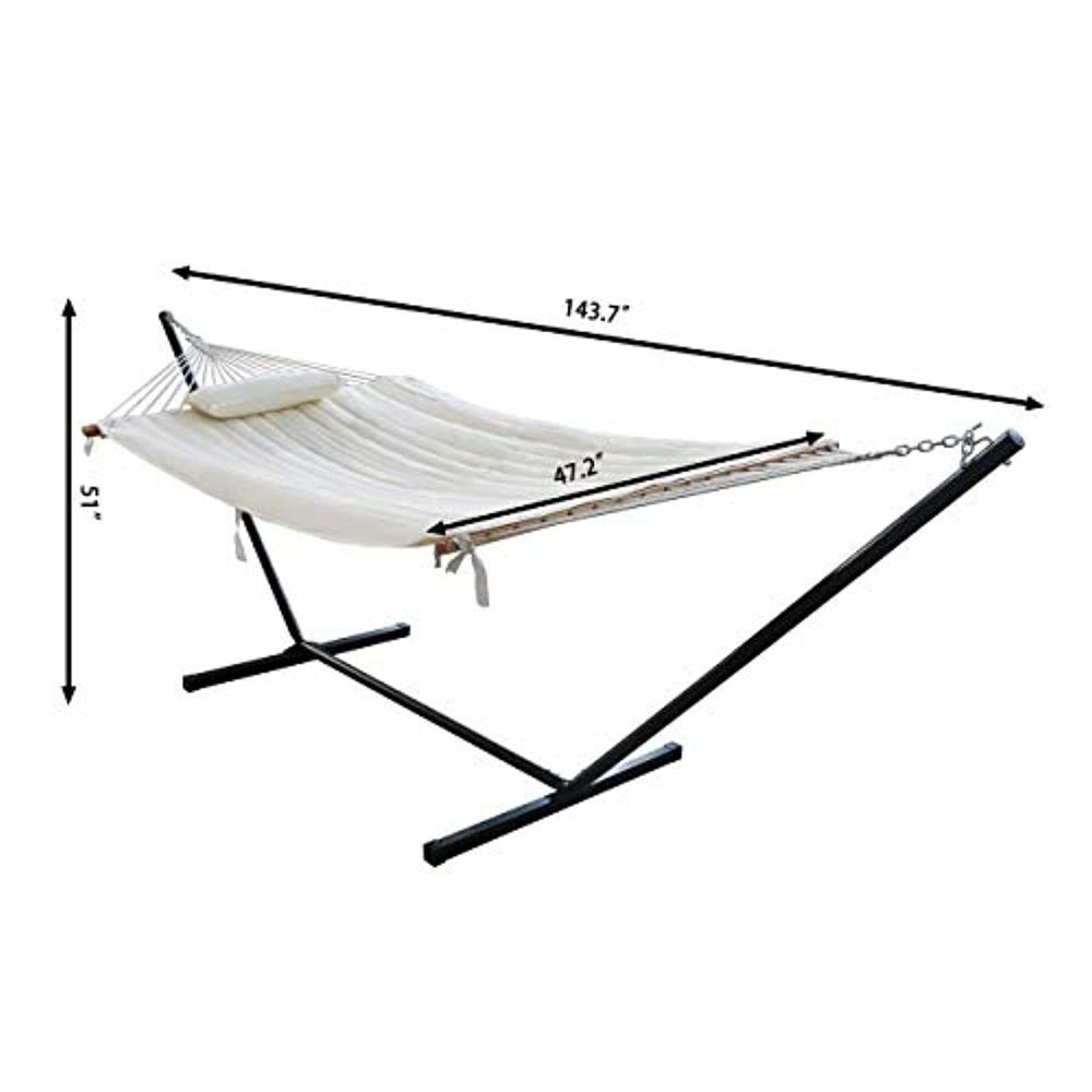 veikou 2 person portable hammock with stand and pillow, double freestanding quilted 12ft hammock with frame and spreader bars