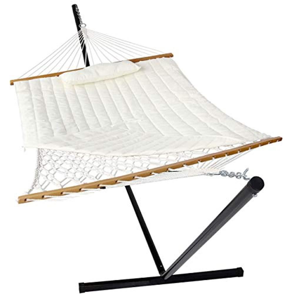 veikou 2 person portable hammock with stand and pillow, double freestanding quilted 12ft hammock with frame and spreader bars