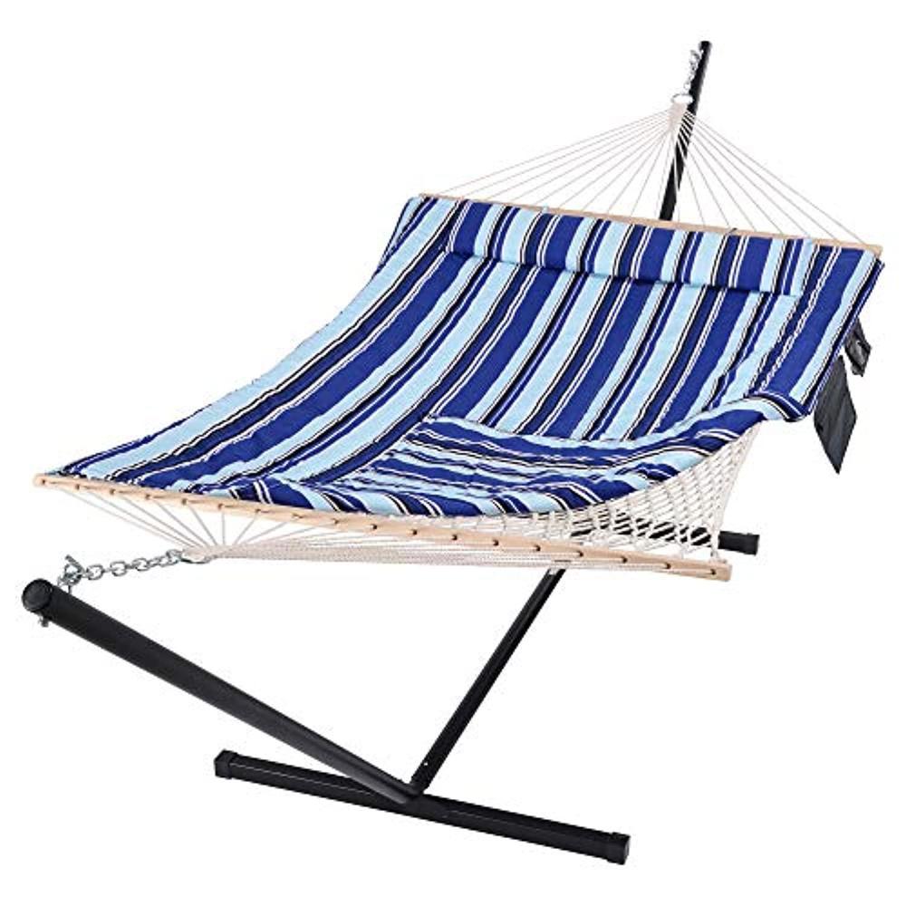 suncreat hammock double hammock with stand, two person cotton rope hammock, blue stripe