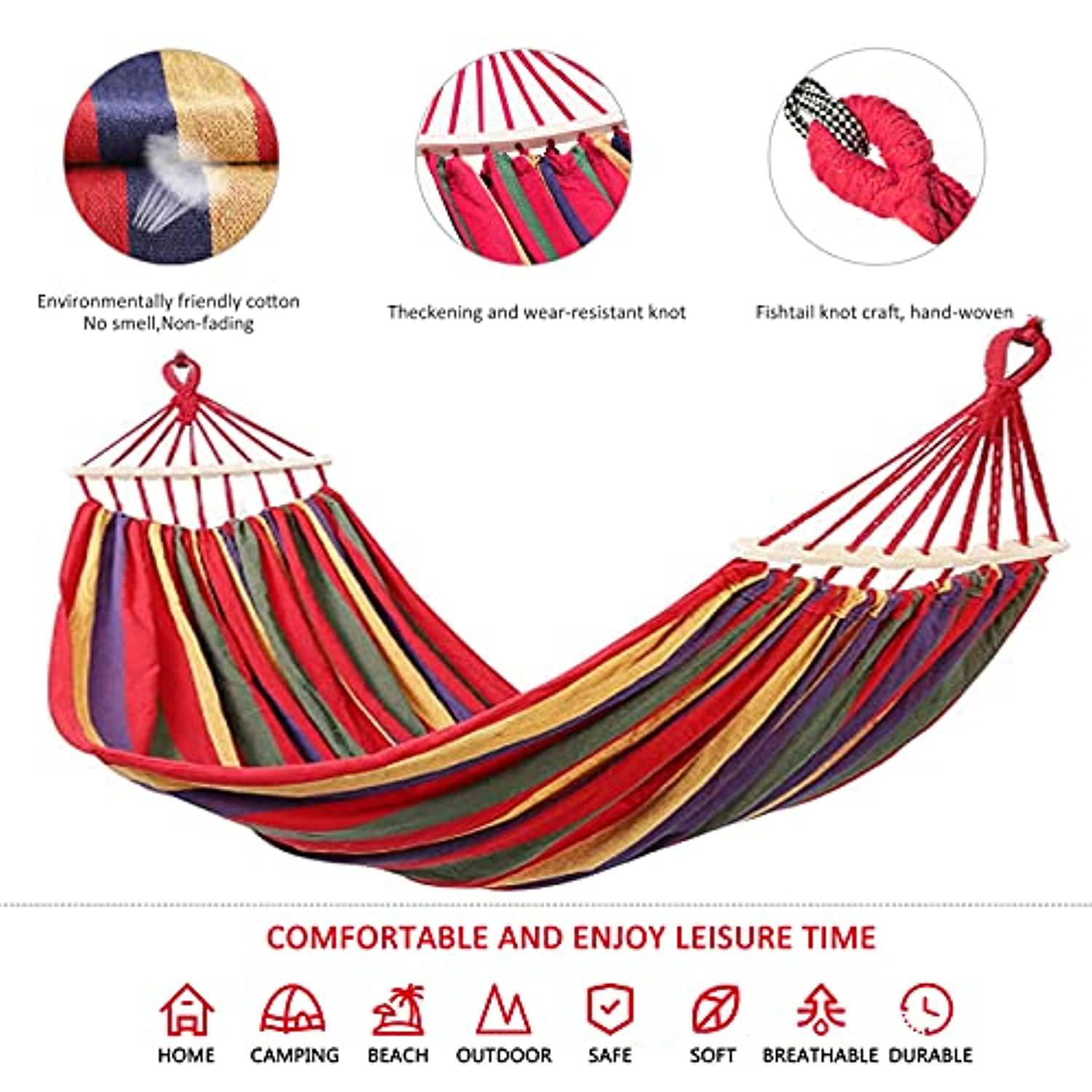 colel double hammock, 2 person cotton canvas hammock 450lbs portable camping hammock with carrying bag two anti roll balance 