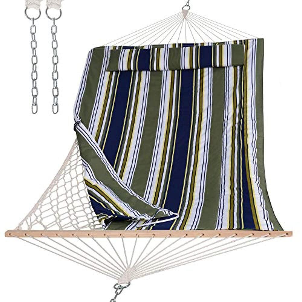 suncreat hammocks outdoor double hammock with hardwood spreader bar, cotton rope hammock with polyester pad (blue&aqua)