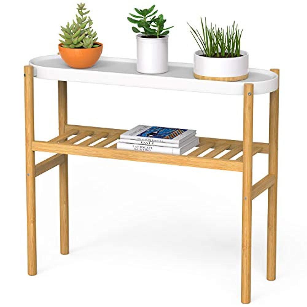 Wisuce bamboo plant shelf indoor, 2 tier tall plant stand table for multiple plants, corner plant holder display rack (2 tier shelf)