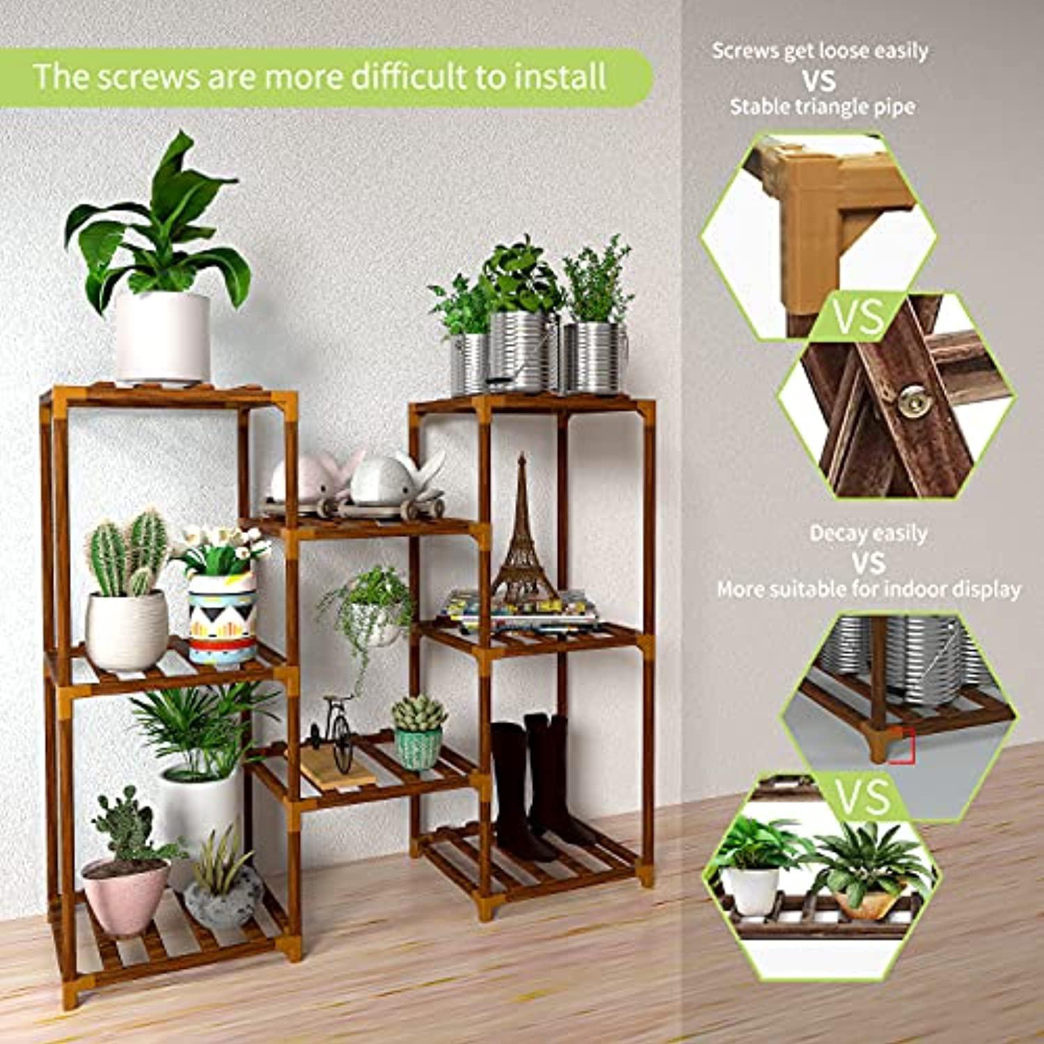 new england stories plant stand, 3 tier 8 potted wood multiple stand shelf, garden plant holder rack for patio garden, corner