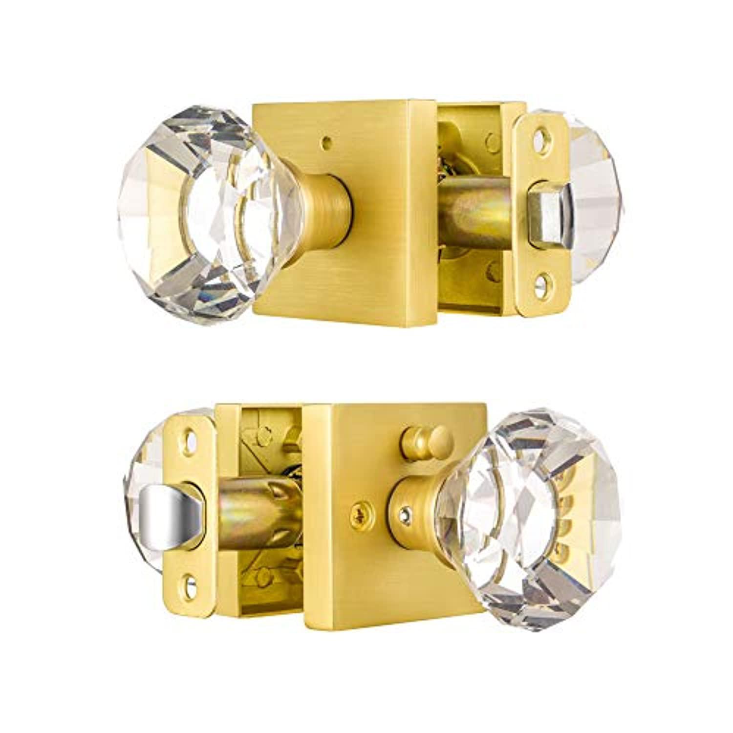 hiemey square glass crystal door knobs interior, bedroom and bathroom privacy door knobs with lock, satin brass door knobs se