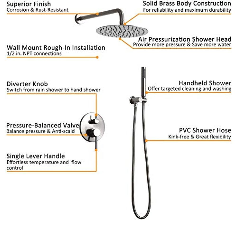 homary wall-mount high-pressure 12" round rainfall shower head handheld shower faucet set brushed nickel dual function rain s