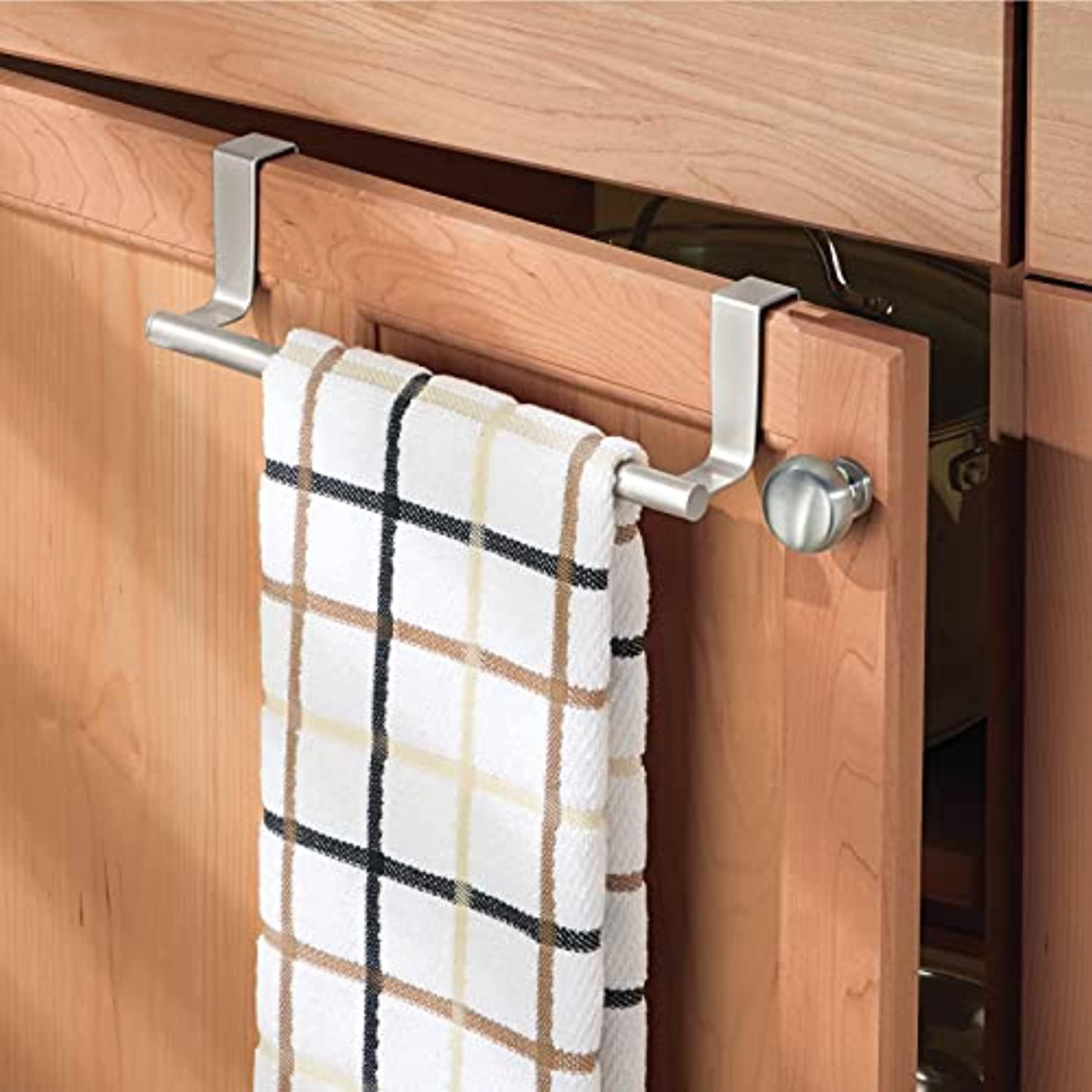 mdesign decorative metal kitchen over cabinet towel bar - hang on inside or outside of doors, storage and display rack for ha