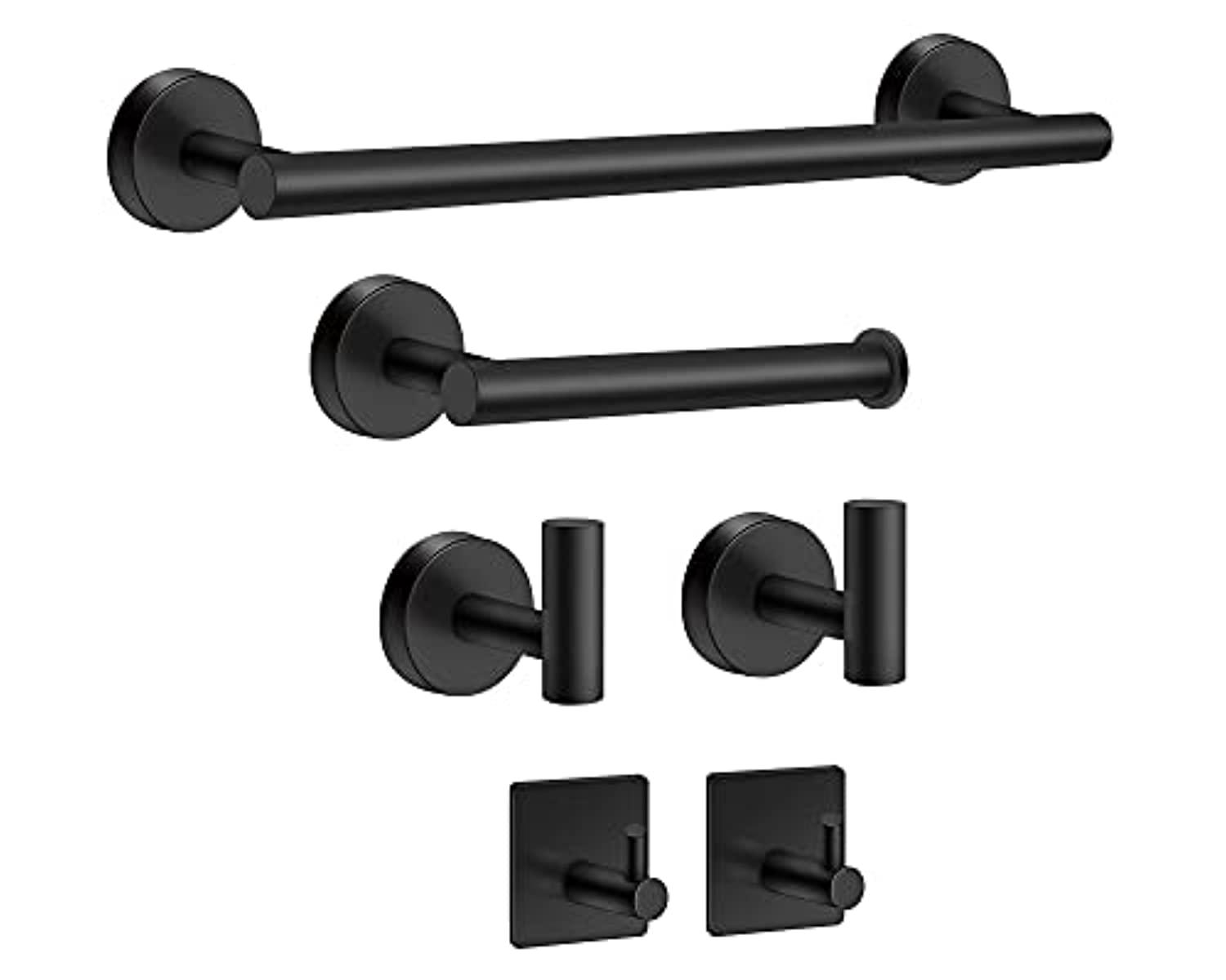 mengxfly 6-piece matte black bathroom hardware set 304 stainless steel round wall mounted bath accessories kit - 16 in towel bar + toi