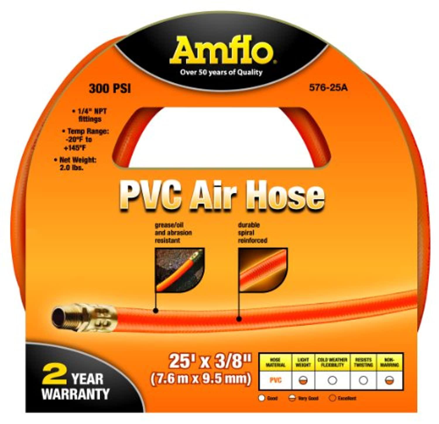 amflo 576-25a orange 300 psi pvc air hose 3/8" x 25' with 1/4" mnpt end fittings