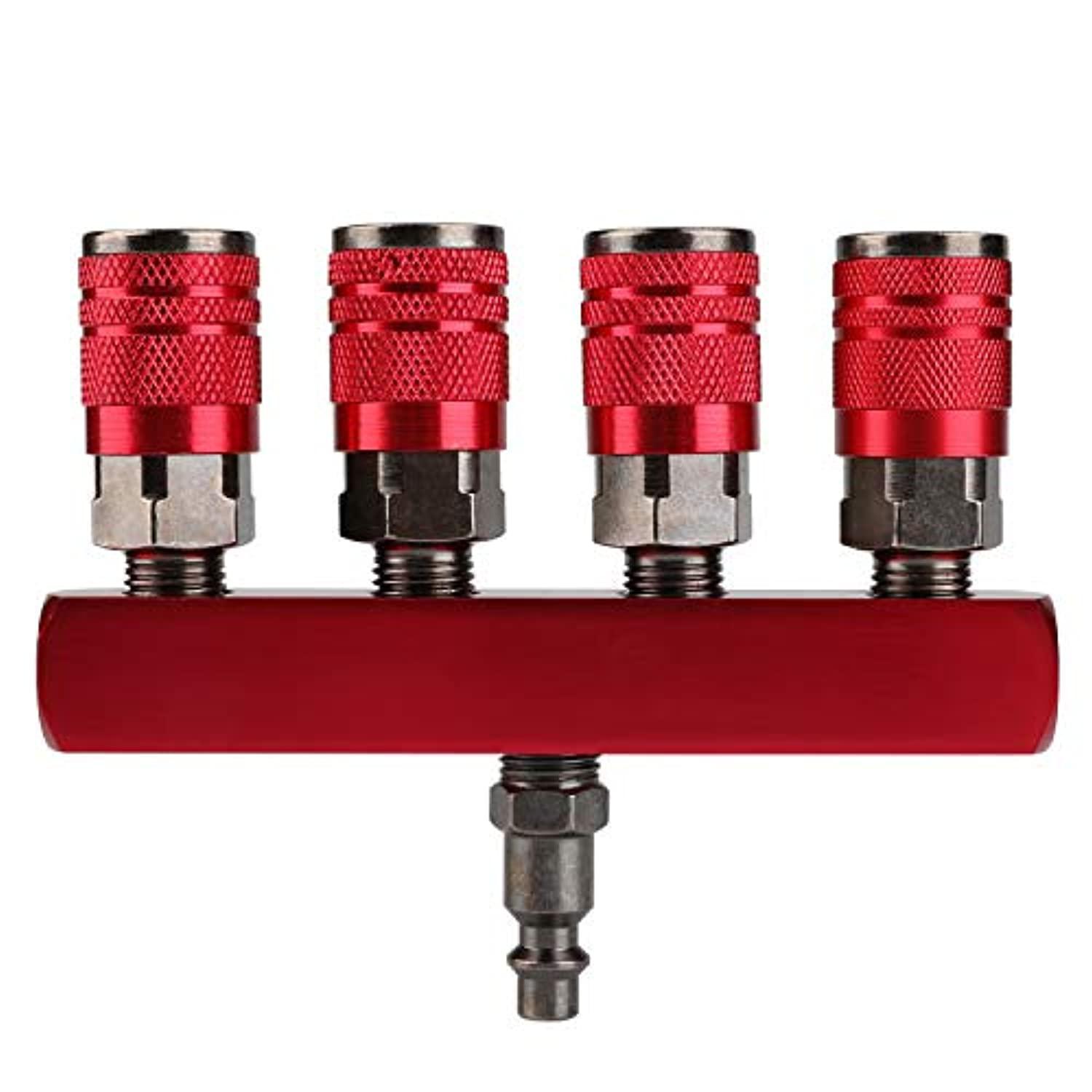 hromee 4-way straight air manifold 5 ports aluminum industrial pneumatic air compressor quick connect socket in line type air