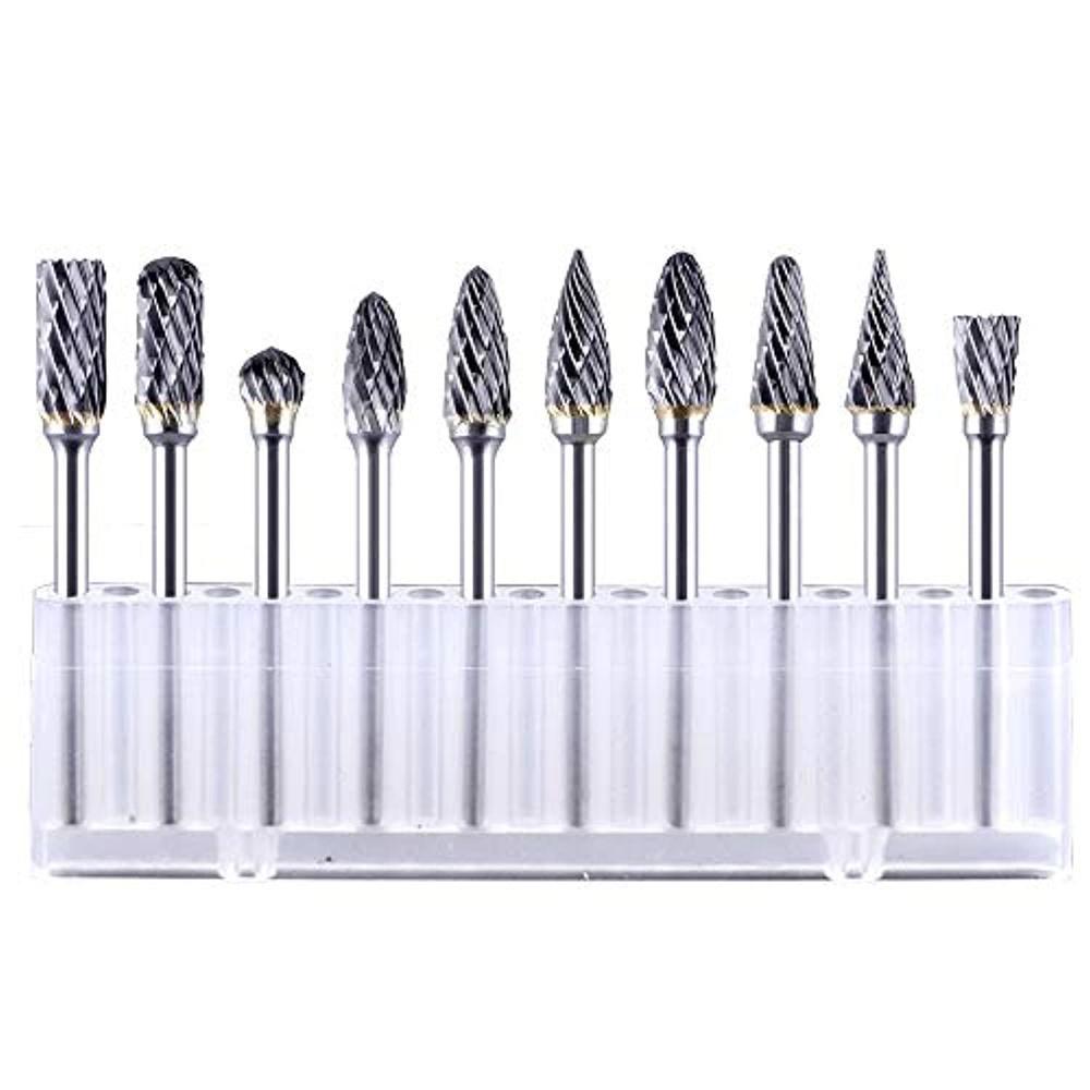 hymnorq carbide carving bits rotary burrs set of 10pcs, tungsten steel file, 3mm straight shank and 6mm double cut head, fit 