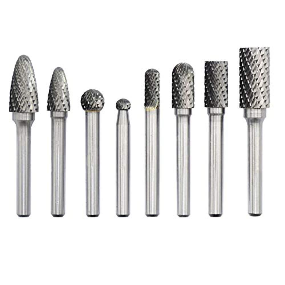 Asieg Tool carbide burr set 8pcs with 1/4''shank double cut solid power tools tungsten carbide rotary files bits for die grinder metal w