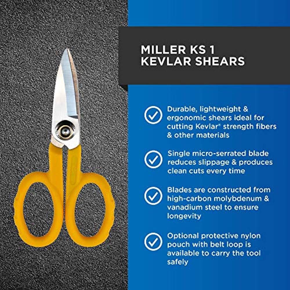 miller ks-1 yellow fiber optic kevlar scissors, easily portable utility scissors for working technicians, electricians, and i