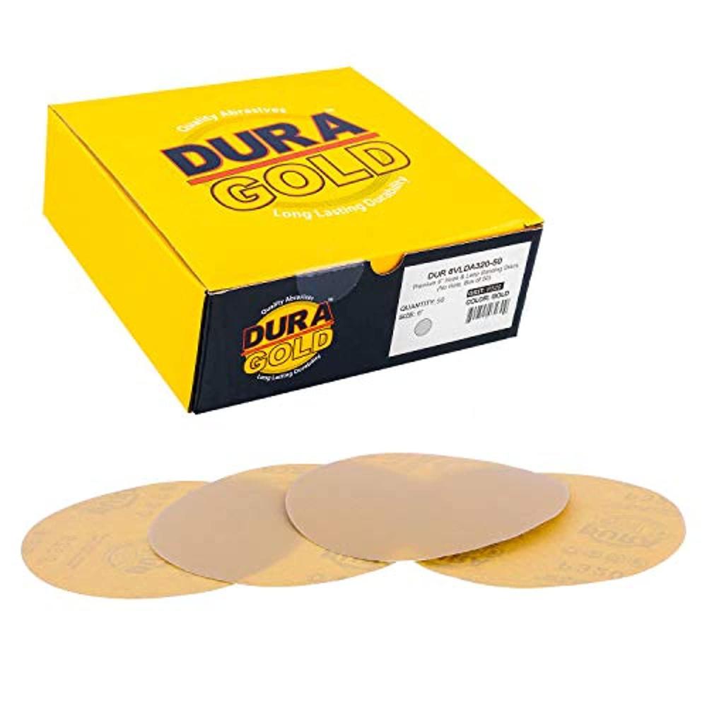 dura-gold - premium - 320 grit 6" gold hook & loop no hole sanding discs for da sanders - box of 50 sandpaper finishing discs