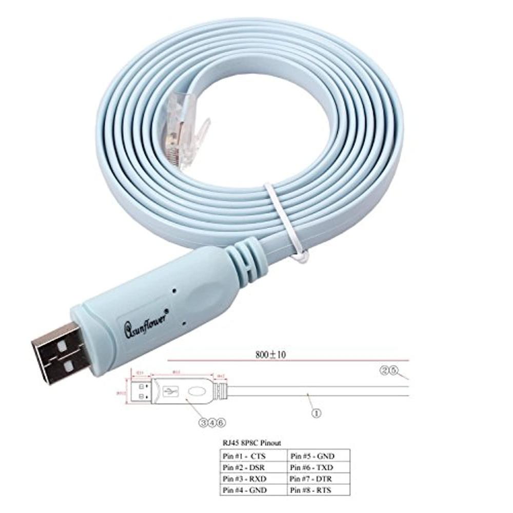 asunflower 6ft ftdi usb to serial / rs232 console rollover cable for cisco routers - rj45