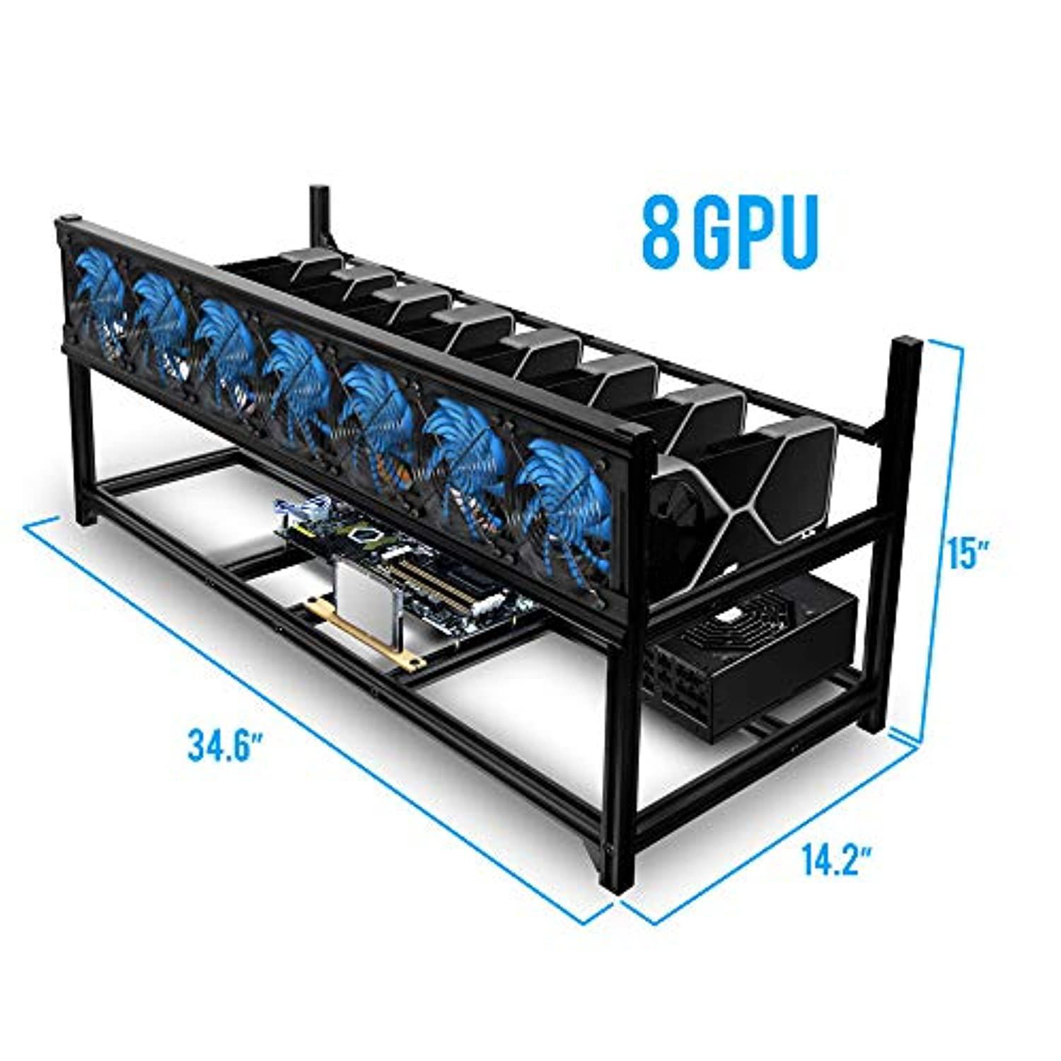 kingwin bitcoin miner rig case w/ 6, or 8 gpu mining stackable frame - expert crypto mining rack w/ placement for motherboard