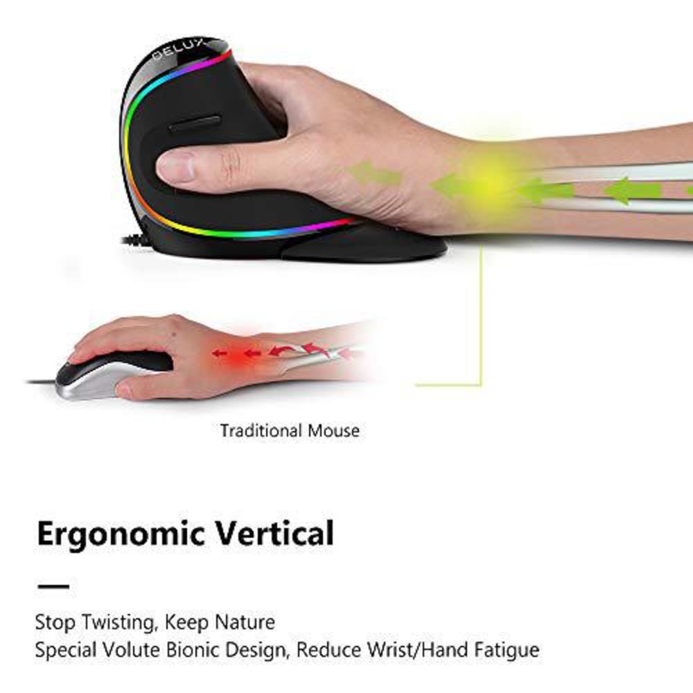 delux wired ergonomic vertical mouse, large rgb ergonomic computer mouse with 6 buttons, removable wrist rest, 4000dpi and on