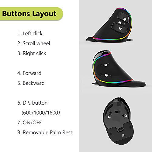 delux wired ergonomic vertical mouse, large rgb ergonomic computer mouse with 6 buttons, removable wrist rest, 4000dpi and on